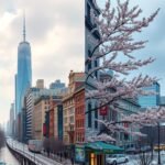 New York város télen és tavasszal: ünnepi díszvilágítás és virágzó fák