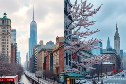 New York város télen és tavasszal: ünnepi díszvilágítás és virágzó fák