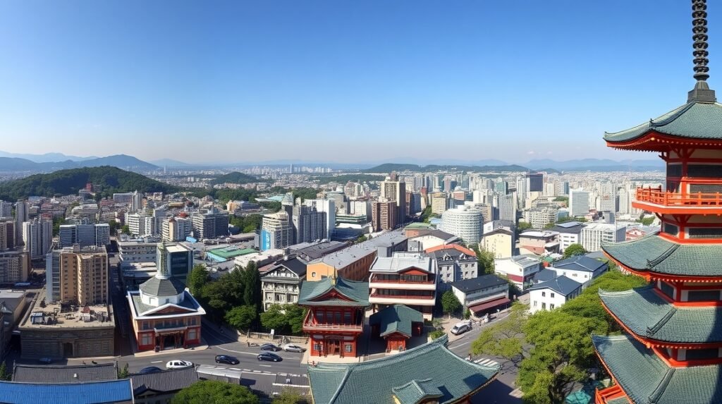 Kilátás a Kiotó-toronyból, városi panoráma Japánban.