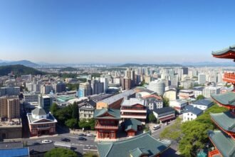 Kilátás a Kiotó-toronyból, városi panoráma Japánban.