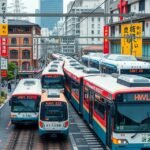 Kiotói buszok közlekednek a városban, élénk utcai jelenetekkel.