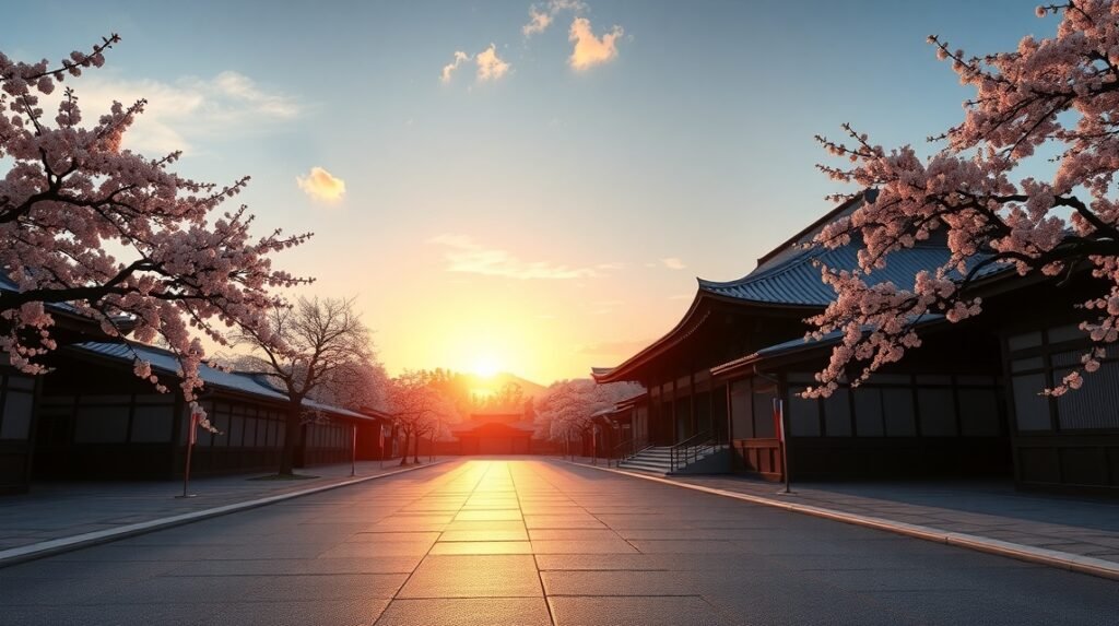 Kiotói szentélyek naplementében, cseresznyevirágokkal