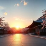 Kiotói szentélyek naplementében, cseresznyevirágokkal