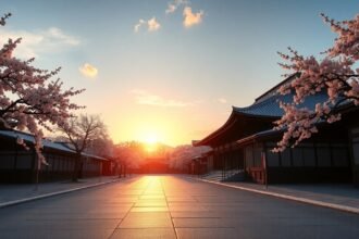 Kiotói szentélyek naplementében, cseresznyevirágokkal