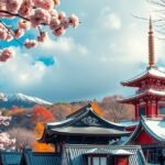 Színes cseresznyevirágok és japán épületek Kiotóban.