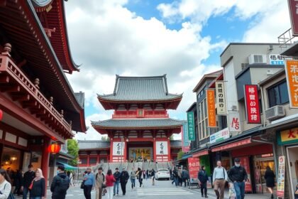 Az Osu Kannon templom bejárata Nagoja csendes bevásárlóutcájában.