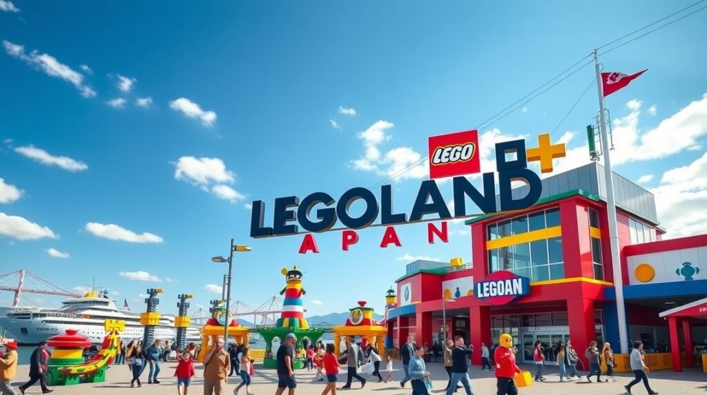 LEGOLAND Japan bejárat, színes LEGO-szobrokkal a Nagoja kikötőben