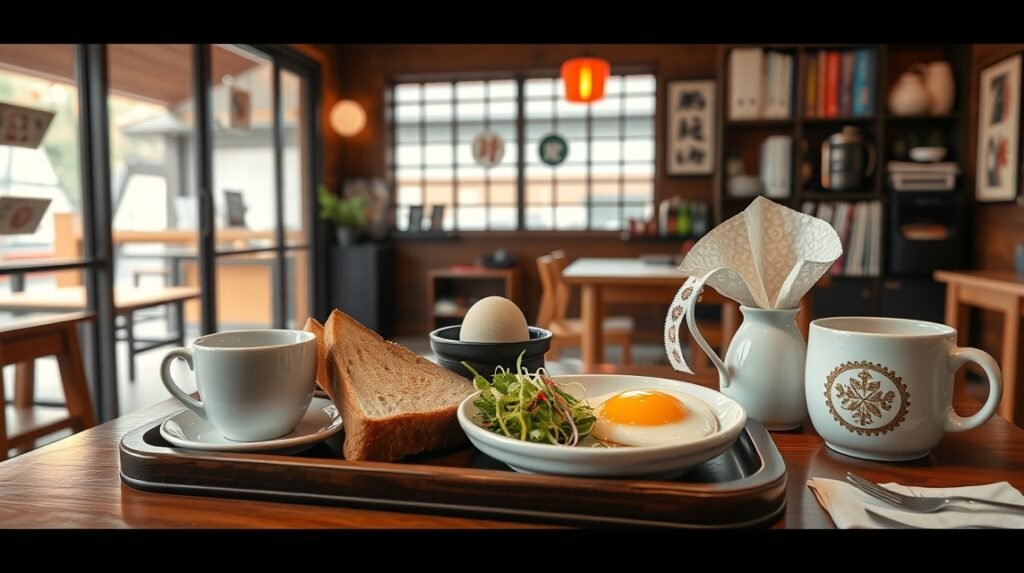 Nagoja reggeli: tojás, pirítós és kávé a kávézóban.