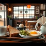 Nagoja reggeli: tojás, pirítós és kávé a kávézóban.