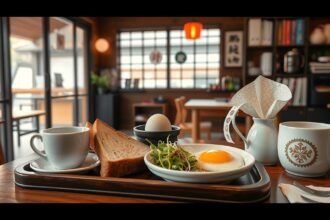 Nagoja reggeli: tojás, pirítós és kávé a kávézóban.
