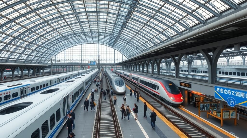 Nagoja Shinkansen állomás, ahol vonatok érkeznek és indulnak.