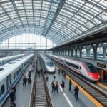 Nagoja Shinkansen állomás, ahol vonatok érkeznek és indulnak.