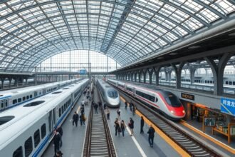 Nagoja Shinkansen állomás, ahol vonatok érkeznek és indulnak.