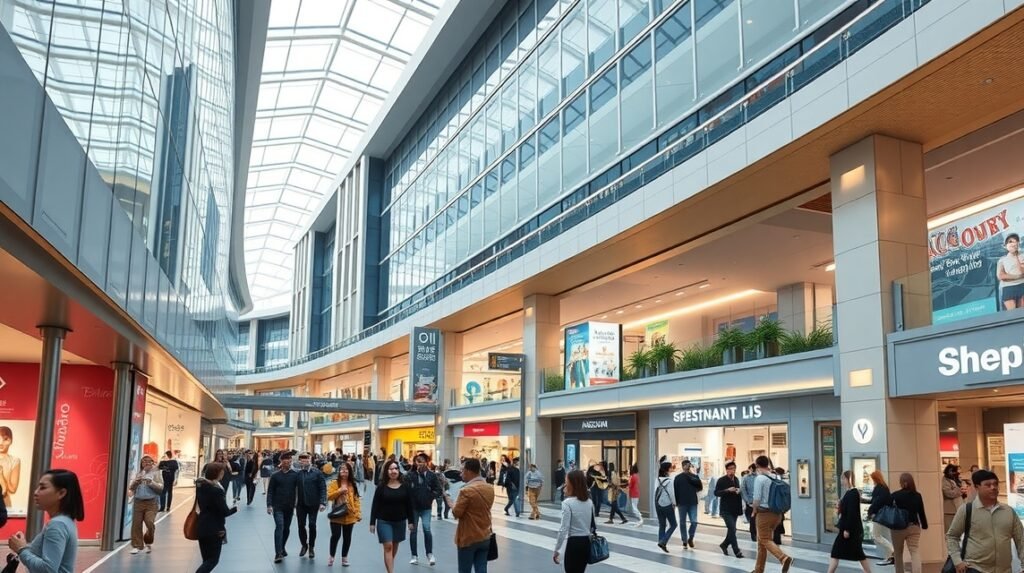 Földalatti bevásárlóközpont Nagoyában, Japanban, üzletekkel és járókelőkkel.