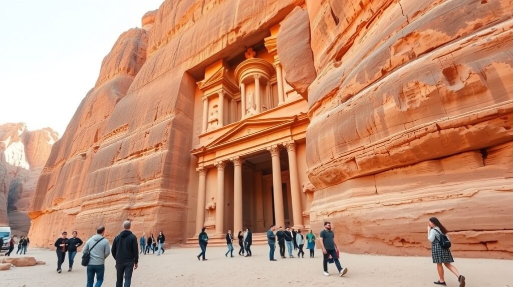 Petra lenyűgöző építménye sivatagi tájban, turistákkal.