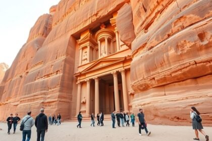 Petra lenyűgöző építménye sivatagi tájban, turistákkal.