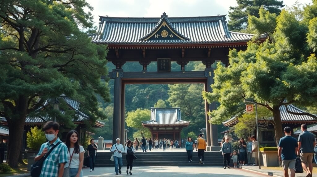 Ise Jingu szentély kapuja látogatókkal, Nagoja közelében, Japánban.