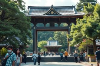 Ise Jingu szentély kapuja látogatókkal, Nagoja közelében, Japánban.