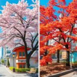 Nagoja tavaszi és őszi táj, cseresznye és juharfa