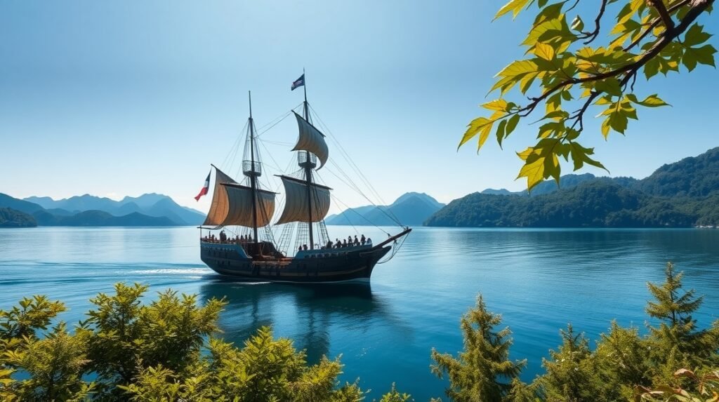 Kalózhajó az Ashi-tavon Hakone közelében, gyönyörű hegyi háttérrel