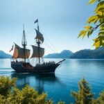 Kalózhajó az Ashi-tavon Hakone közelében, gyönyörű hegyi háttérrel