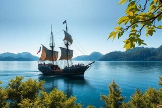 Kalózhajó az Ashi-tavon Hakone közelében, gyönyörű hegyi háttérrel