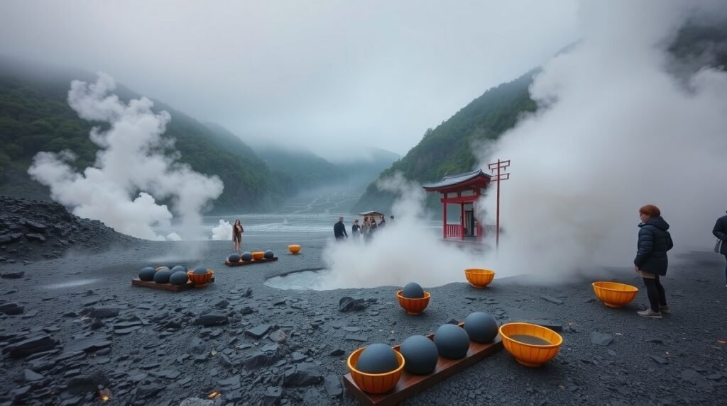 Owakudani völgy látképe füstölgő fumarolákkal és fekete tojásokkal