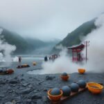 Owakudani völgy látképe füstölgő fumarolákkal és fekete tojásokkal