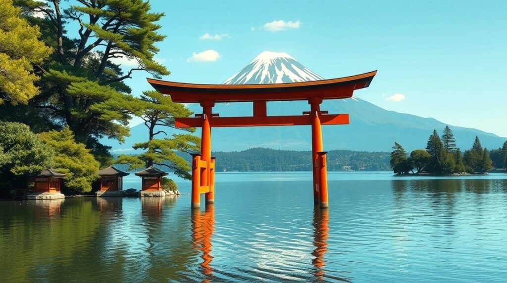 A vízben álló torii a Hakone szentély mellett, háttérben a Fuji hegy