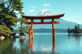 A vízben álló torii a Hakone szentély mellett, háttérben a Fuji hegy