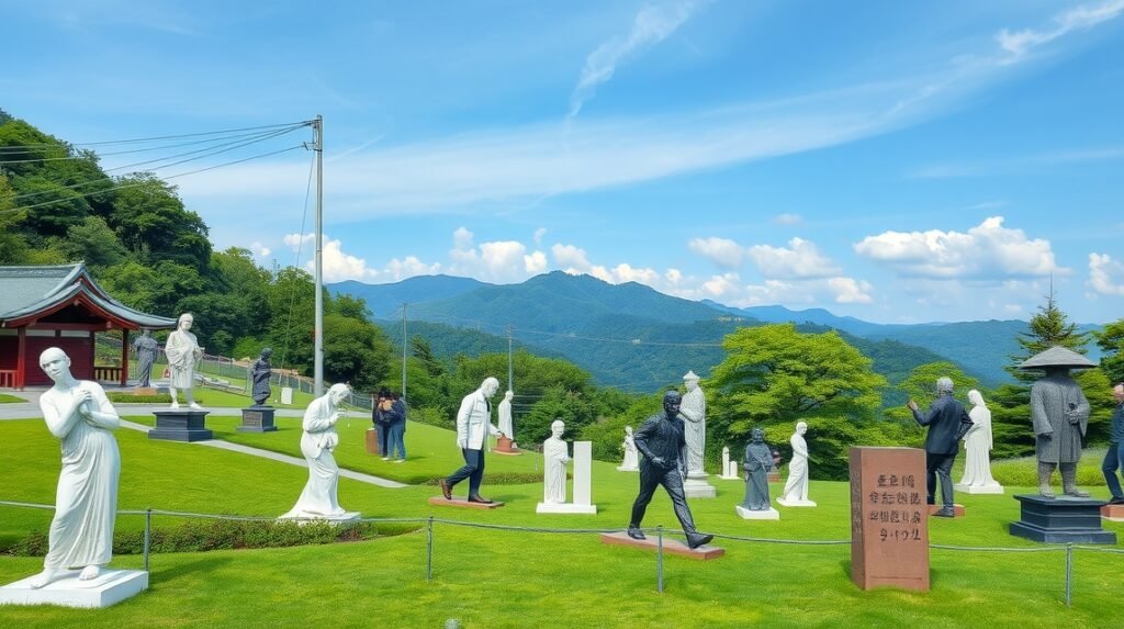 Szobrok a Hakone Szabadtéri Múzeumban, gyönyörű hegyvidéki háttérrel.