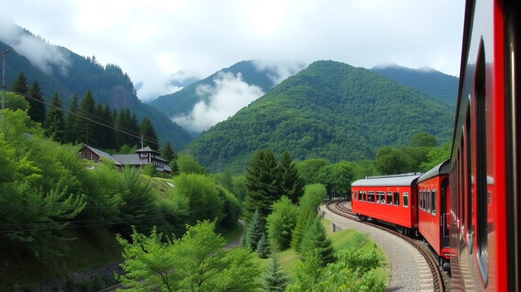 Hakone Tozan hegyi vasút a hegyek között, zöld erdők és felhők között