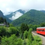 Hakone Tozan hegyi vasút a hegyek között, zöld erdők és felhők között