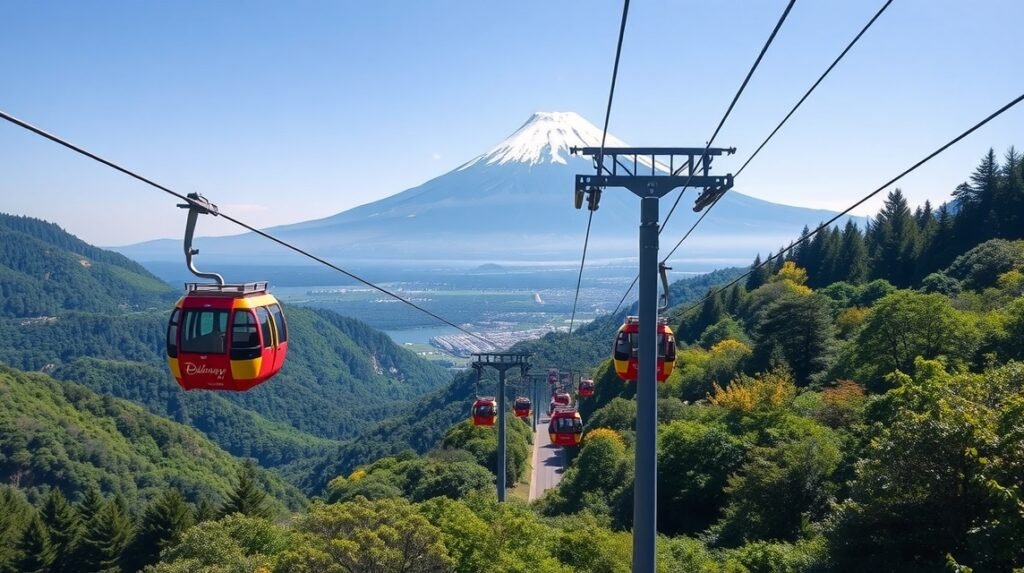 Hakone kötélpálya a Fuji hegyével a háttérben Japánban