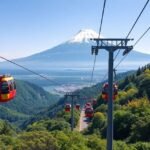 Hakone kötélpálya a Fuji hegyével a háttérben Japánban