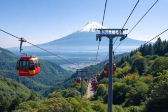 Hakone kötélpálya a Fuji hegyével a háttérben Japánban