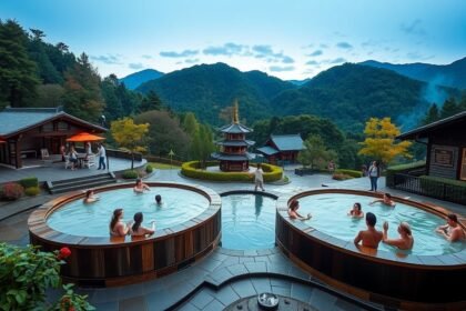 Hakone Yunessun fürdőpark gyönyörű panorámával és borfürdőkkel