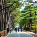 Séta a régi Tokaido úton cédrusok alatt Hakone-ban, Japánban.