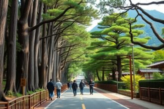 Séta a régi Tokaido úton cédrusok alatt Hakone-ban, Japánban.