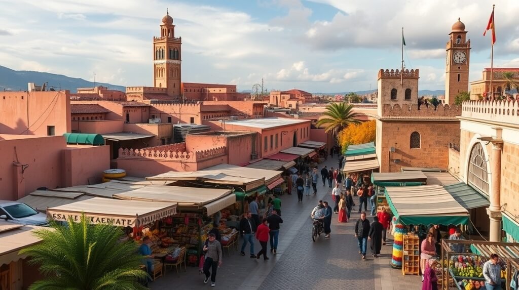 Marrákes város piaca, nyüzsgő élettel és szép épületekkel