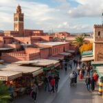 Marrákes város piaca, nyüzsgő élettel és szép épületekkel