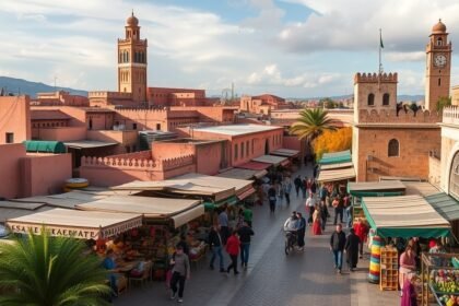 Marrákes város piaca, nyüzsgő élettel és szép épületekkel