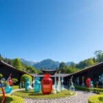 Hakone Üvegművészeti Múzeum üveginstallációk és hegyi panoráma.