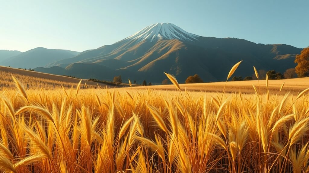Őszi pampafű mezők Hakone környezetében, háttérben Fuji hegy.
