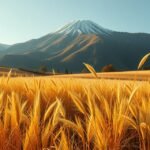 Őszi pampafű mezők Hakone környezetében, háttérben Fuji hegy.
