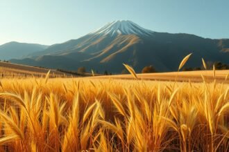 Őszi pampafű mezők Hakone környezetében, háttérben Fuji hegy.