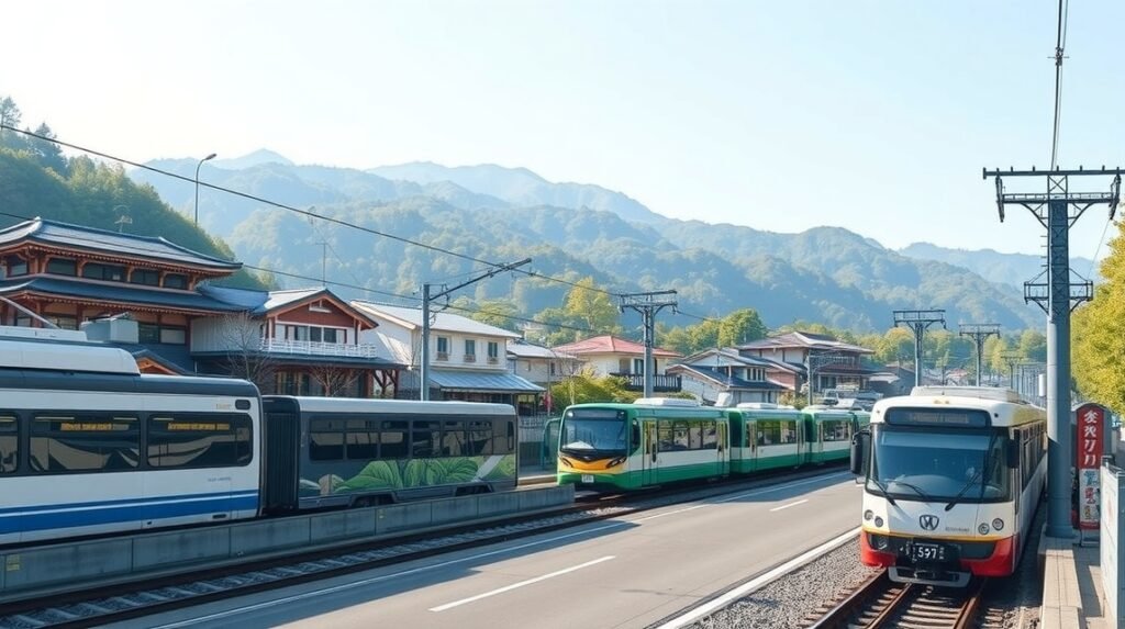 Hakone közlekedés és vonatmegálló a hegyek lábánál Japánban