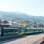 Hakone közlekedés és vonatmegálló a hegyek lábánál Japánban