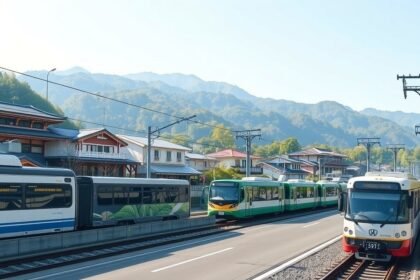 Hakone közlekedés és vonatmegálló a hegyek lábánál Japánban