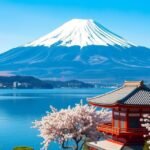 A Fudzsi-hegy és sakura virágzás Hakone városában, Japánban.